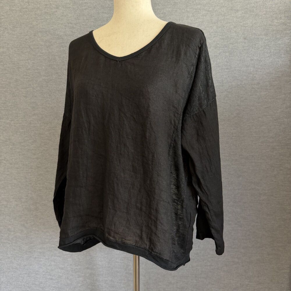 Kaktus Lagenlook Linen Top M Black Boxy Breezy Coastal Roll Up Tab Sleeves Italy